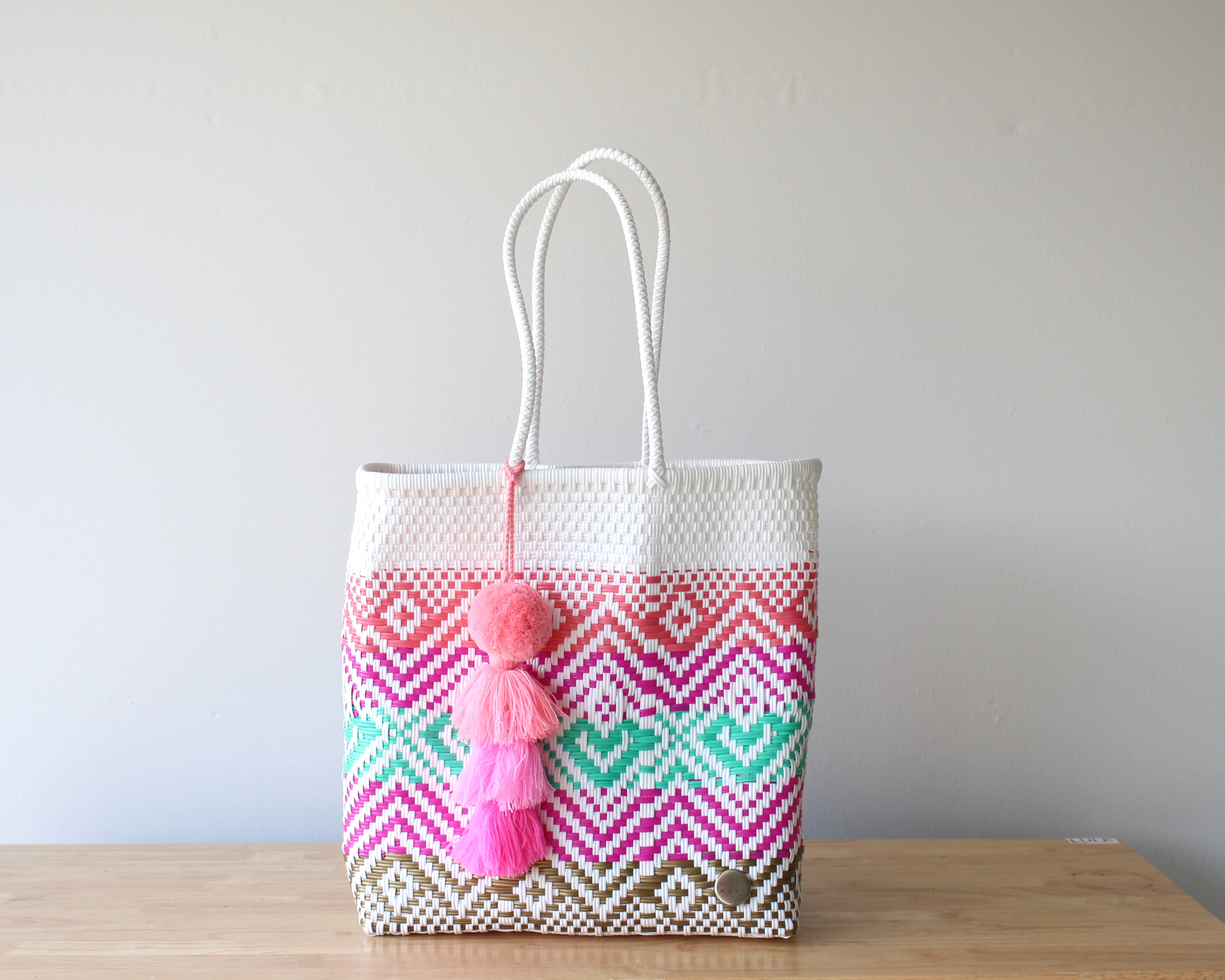 Front view of handwoven Mexican bag in White, Pink & Aqua — recycled plastic weave by MexiMexi