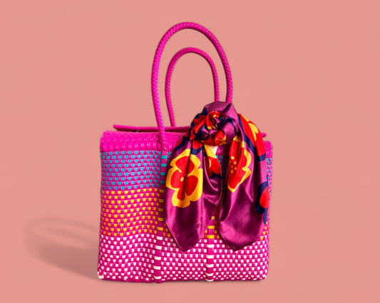 Bright Pink MexiMexi Handbag with Red Flowers Furoshiki