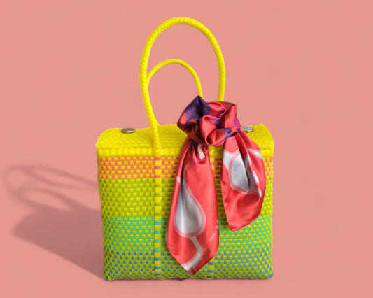 Bright Yellow MexiMexi Handbag with Pastel Tulips Furoshiki