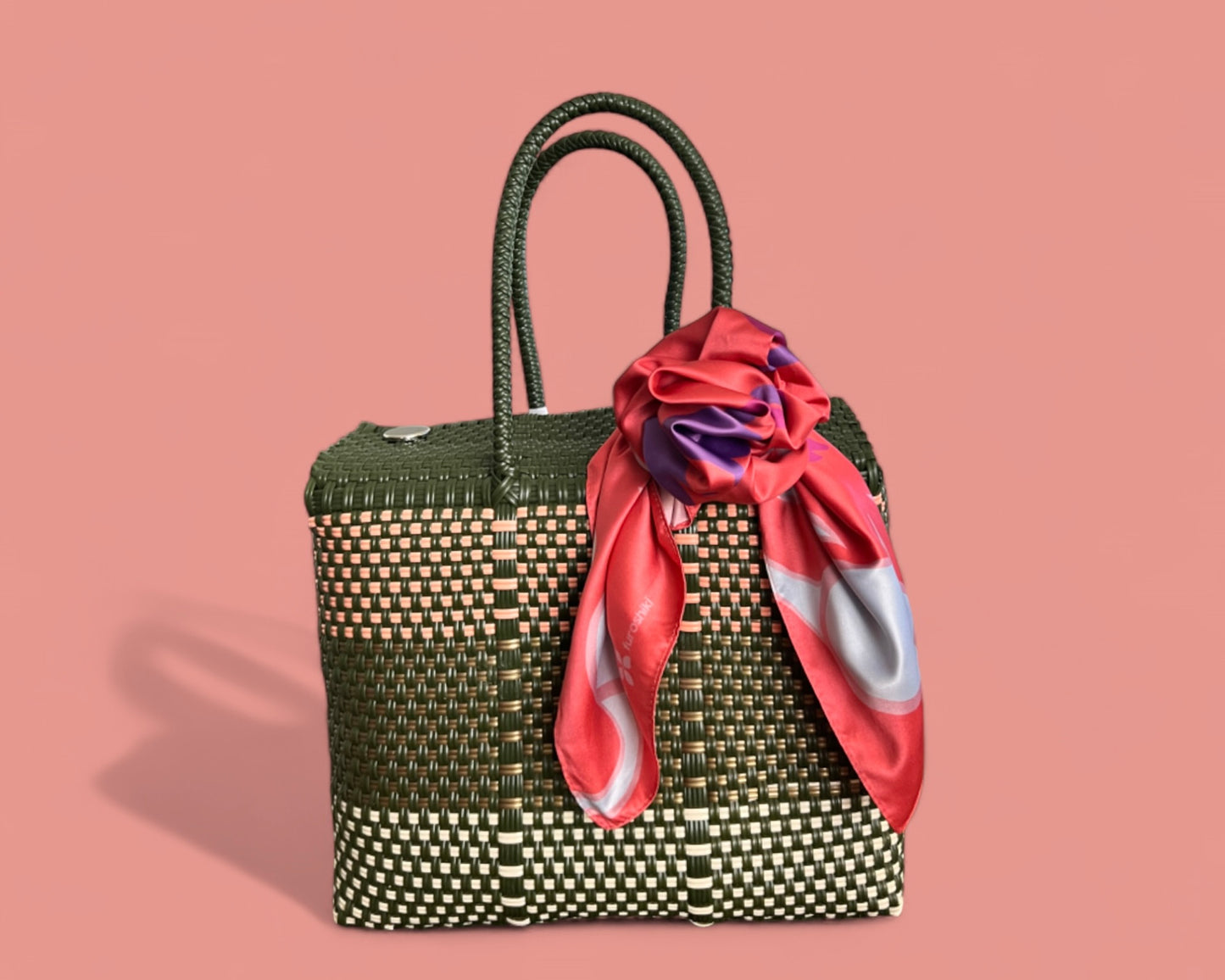 Olive Green MexiMexi Handbag with Pastel Tulips Furoshiki