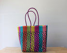 Handwoven Mexican tote bag in rainbow multicolor — artisan woven by MexiMexi, ships from Texas