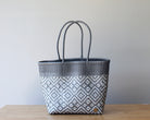 Handwoven Mexican tote bag in smoke gray with geometric pattern — artisan woven by MexiMexi