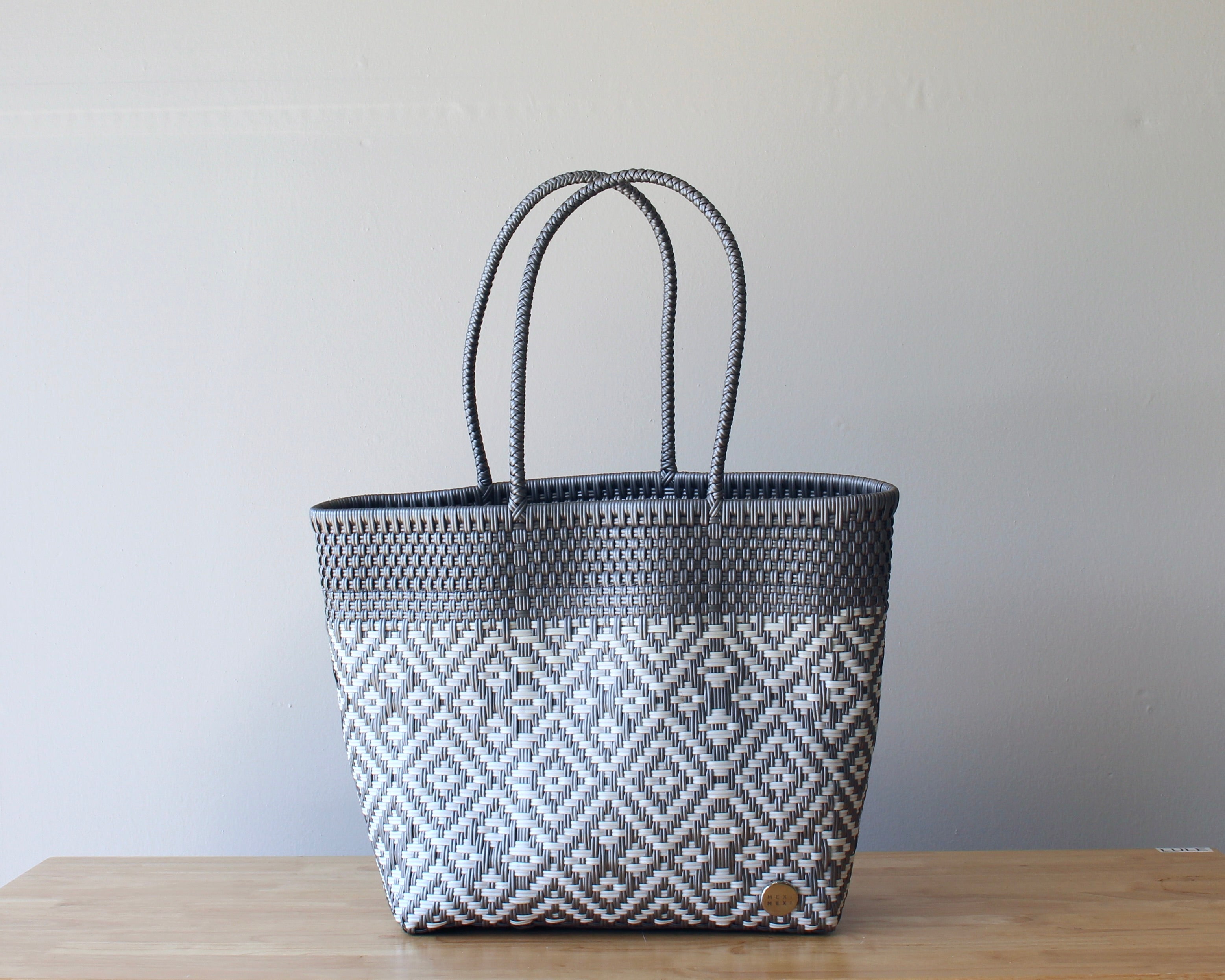 Handwoven Mexican tote bag in smoke gray with geometric pattern — artisan woven by MexiMexi