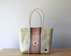 Handwoven Mexican tote bag in the beige and rose diamond pattern — artisan woven by MexiMexi