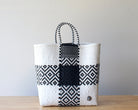 Handwoven Mexican tote bag in black and white checkered pattern — artisan woven by MexiMexi