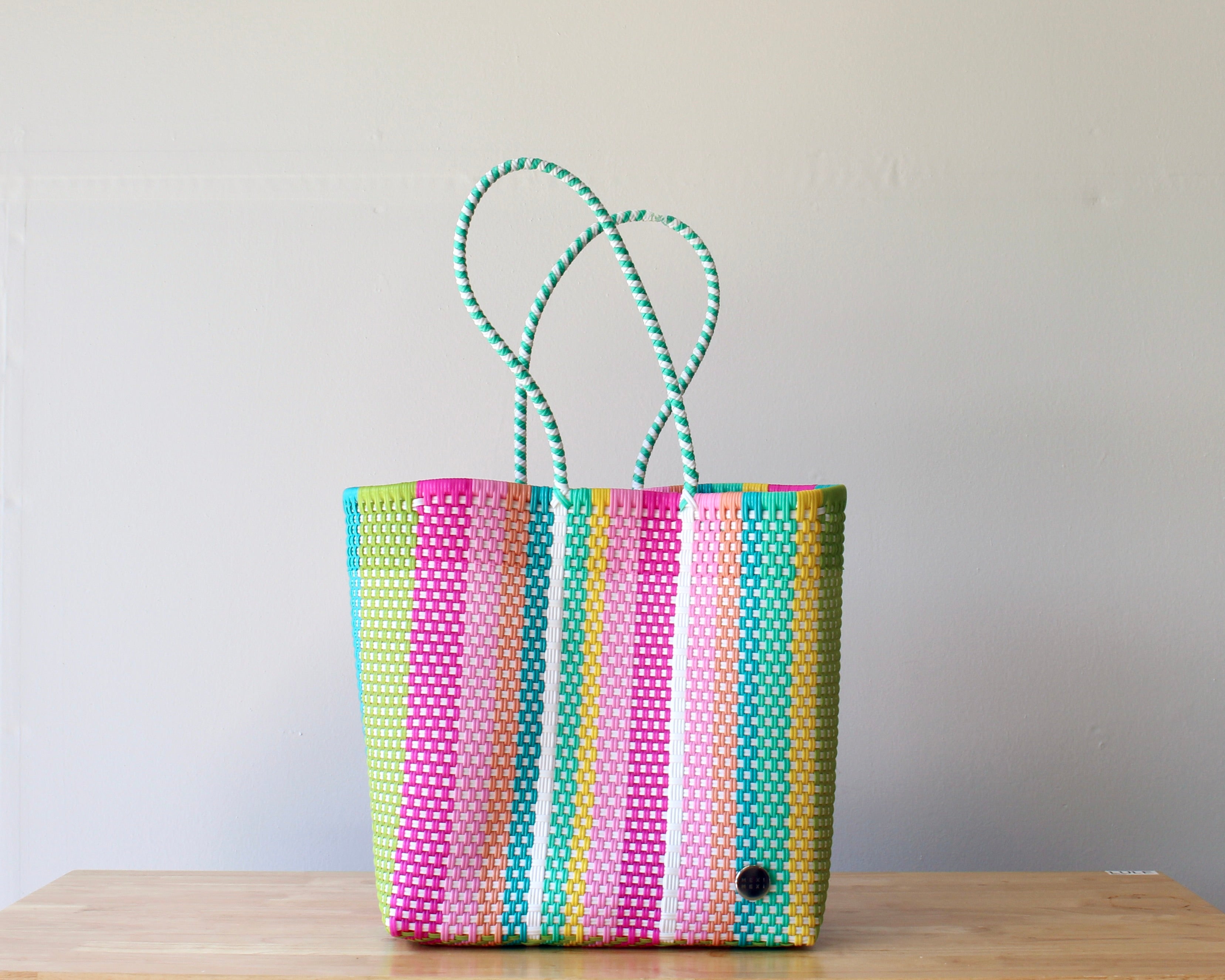 Handwoven Mexican stripe tote bag in multicolor with mint handles — artisan woven by MexiMexi