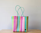 Handwoven Mexican stripe tote bag in multicolor with mint handles — artisan woven by MexiMexi