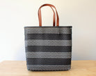 Black and white handwoven Mexican tote bag — front view — Alma Rosa, Onyx — MexiMexi