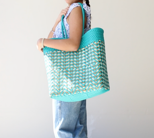 Aqua & Gold Woven Tote Bag by MexiMexi