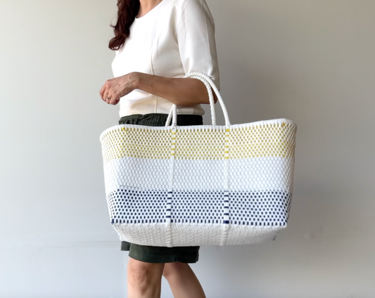Playa Large Tote – Yellow, White & Navy – Handwoven in Mexico