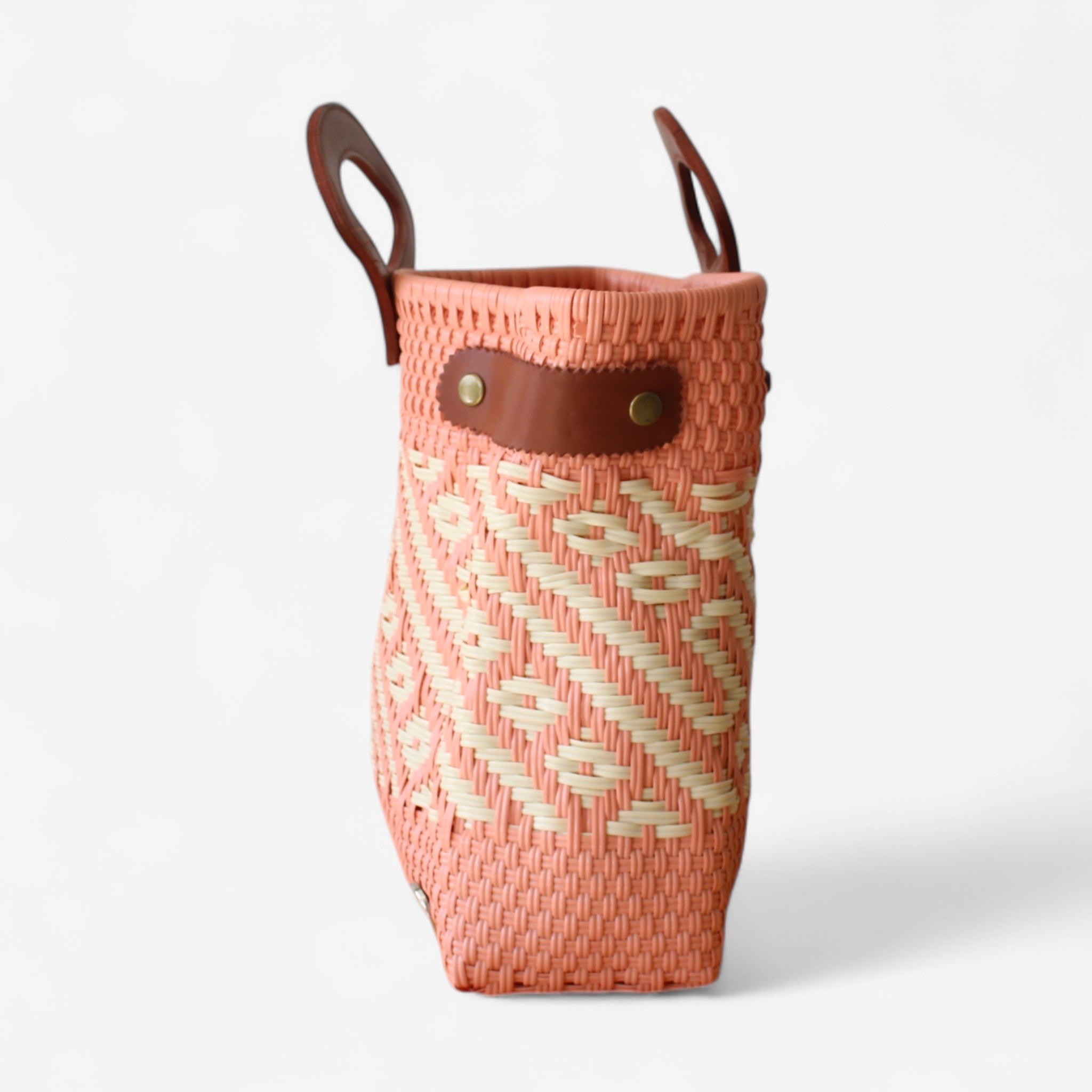 Everyday handmade woven tote in coral and cream, spacious eco-friendly bag with leather handles