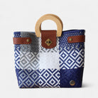 Blue and white Mexican handwoven tote bag with wooden handles