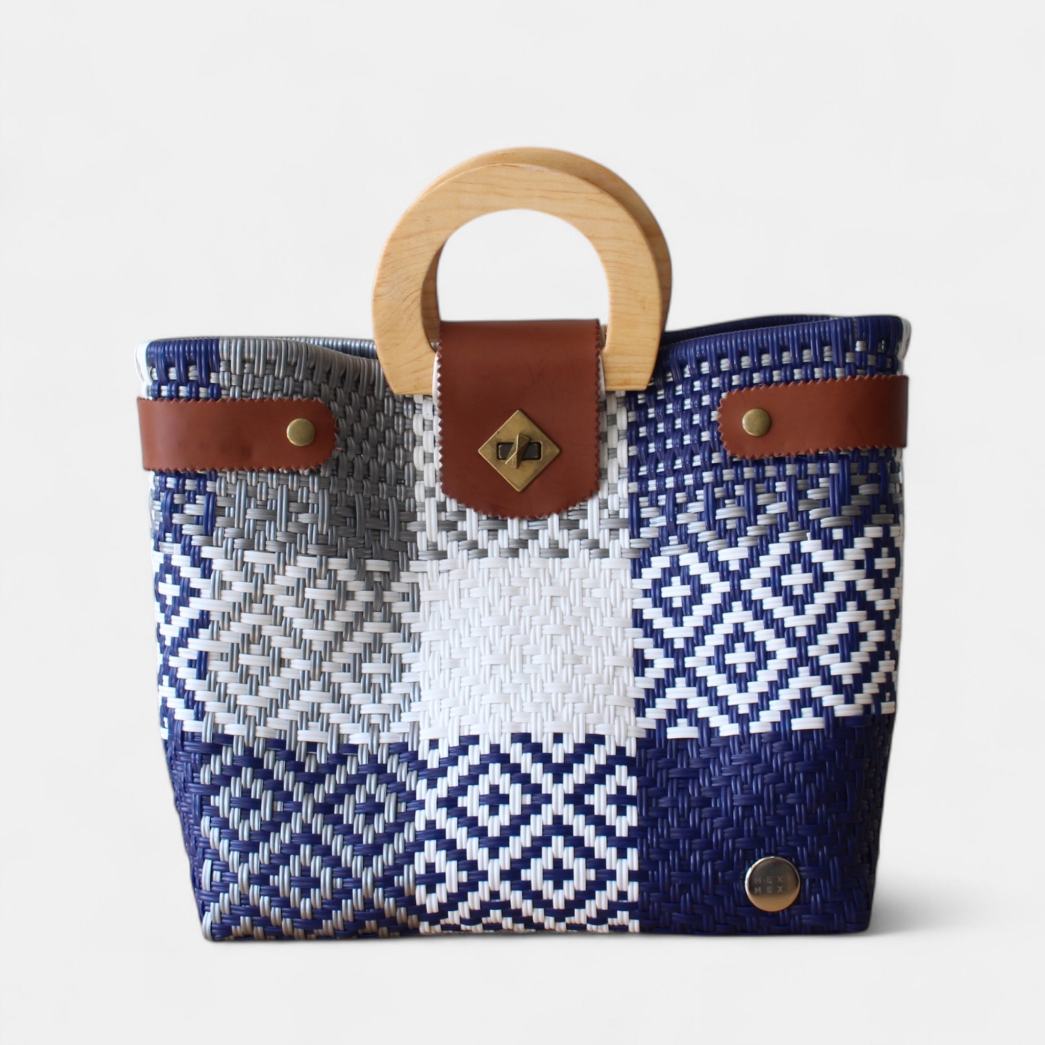 Blue and white Mexican handwoven tote bag with wooden handles
