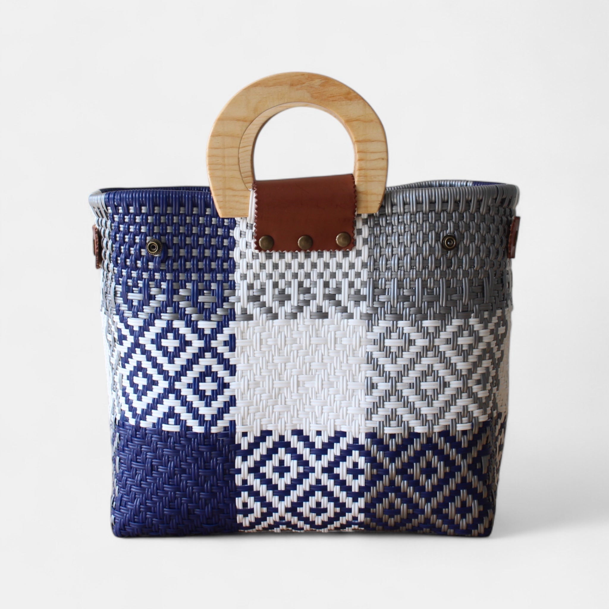 Large lightweight woven beach and travel tote in blue, white, and gray
