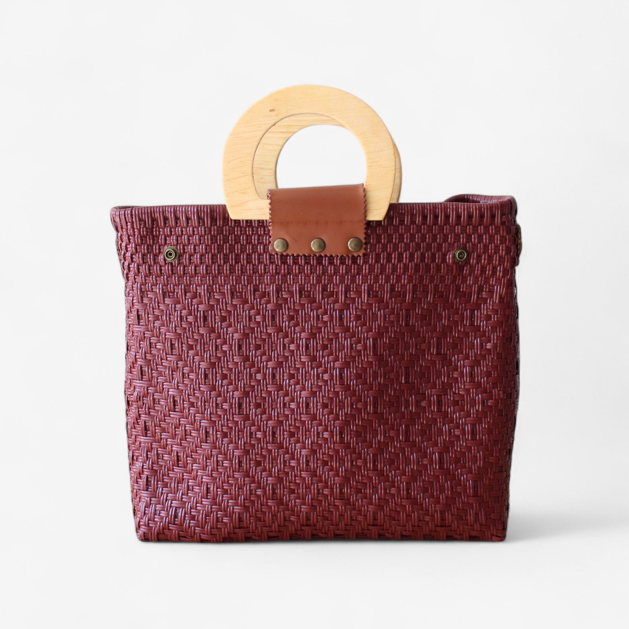 Durable Maroon tote purse with leather strap and wooden handles