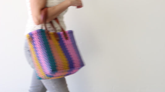 MexiMexi Colorful Artisan Purse – Handmade in Mexico – Recycled Plastic & Leather – Teal, Peach, Yellow, Lilac