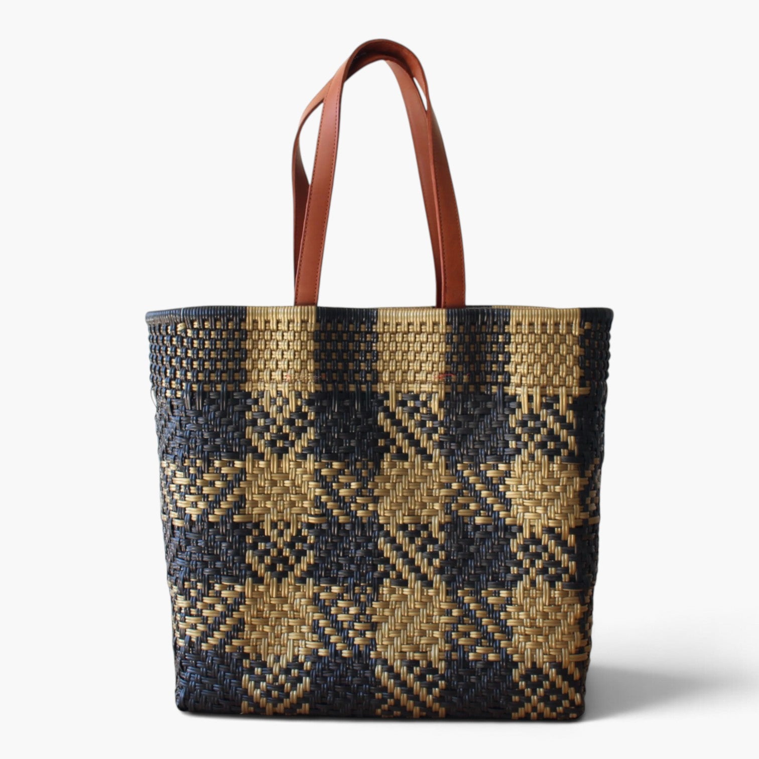 Gold and black checkered handwoven Mexican tote bag — front view — Alma Rosa, Domino — MexiMexi