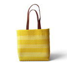 Yellow and white handwoven Mexican tote bag — front view — Alma Rosa, Sunshine — MexiMexi