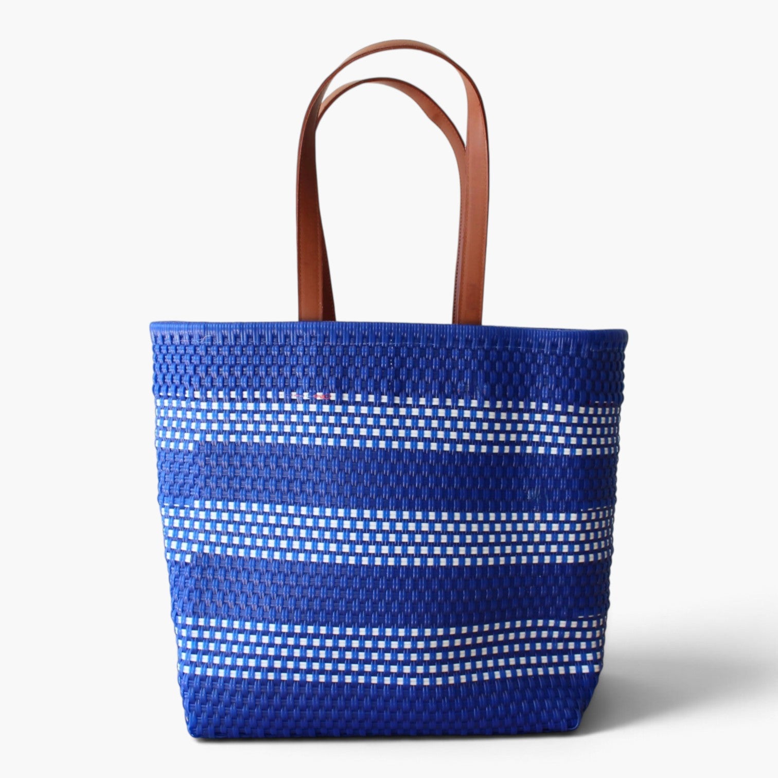 Cobalt blue and white handwoven Mexican tote bag — front view — Alma Rosa, Cobalt — MexiMexi
