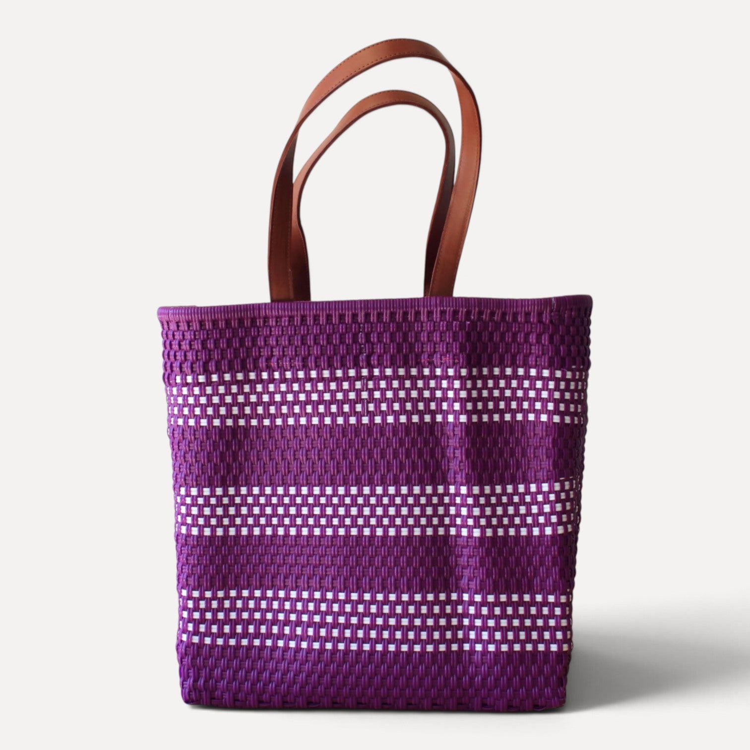 Purple and white handwoven Mexican tote bag — front view — Alma Rosa, Violet — MexiMexi