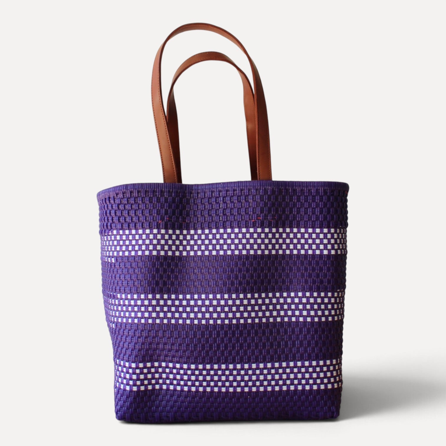 Lavender and white handwoven Mexican tote bag — front view — Alma Rosa, Lavender — MexiMexi