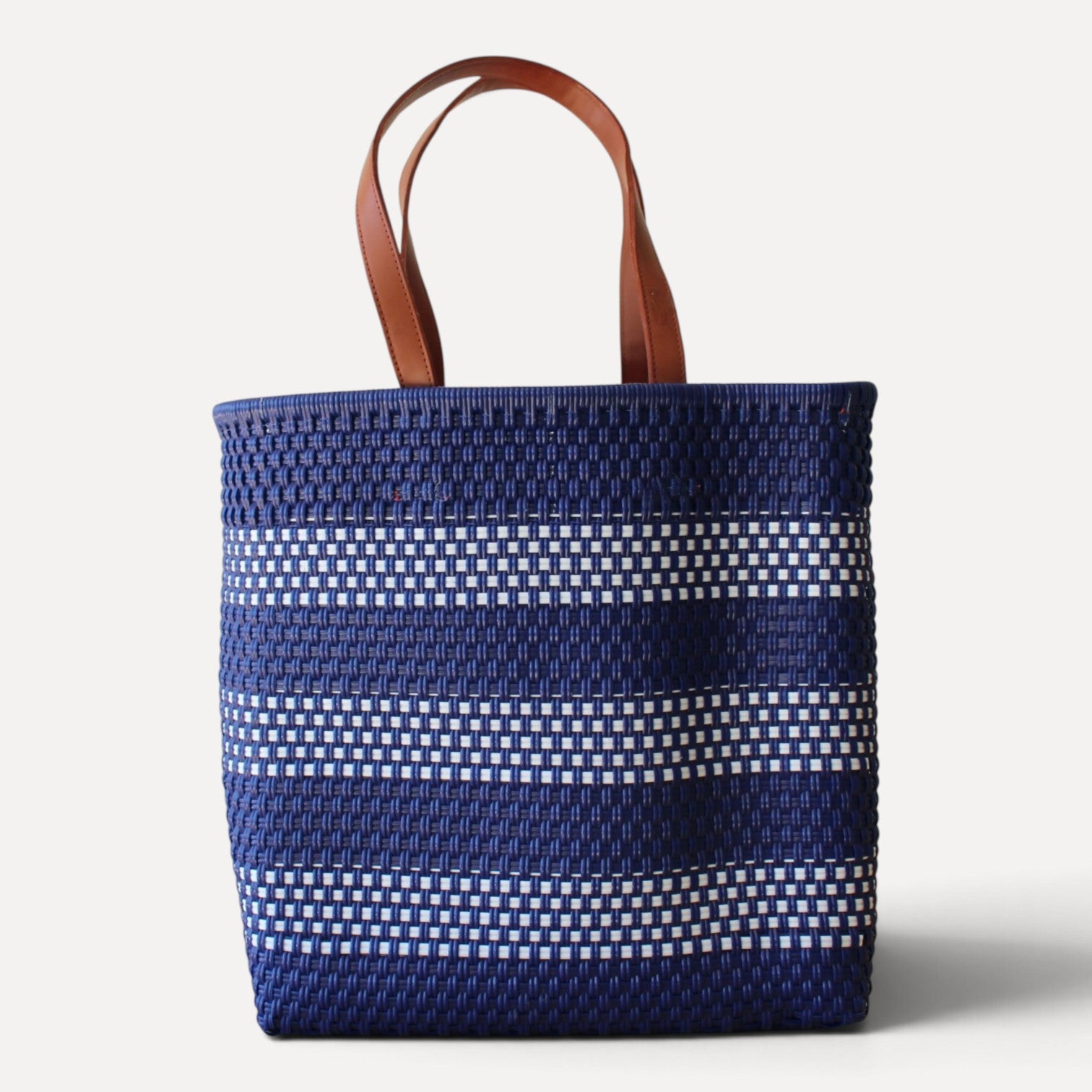 Navy blue and white handwoven Mexican tote bag — front view — Alma Rosa, Navy — MexiMexi