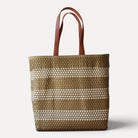Gold and white handwoven Mexican tote bag — front view — Alma Rosa, Gold — MexiMex