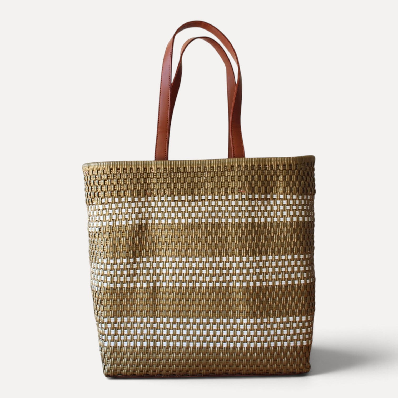 Gold and white handwoven Mexican tote bag — front view — Alma Rosa, Gold — MexiMex