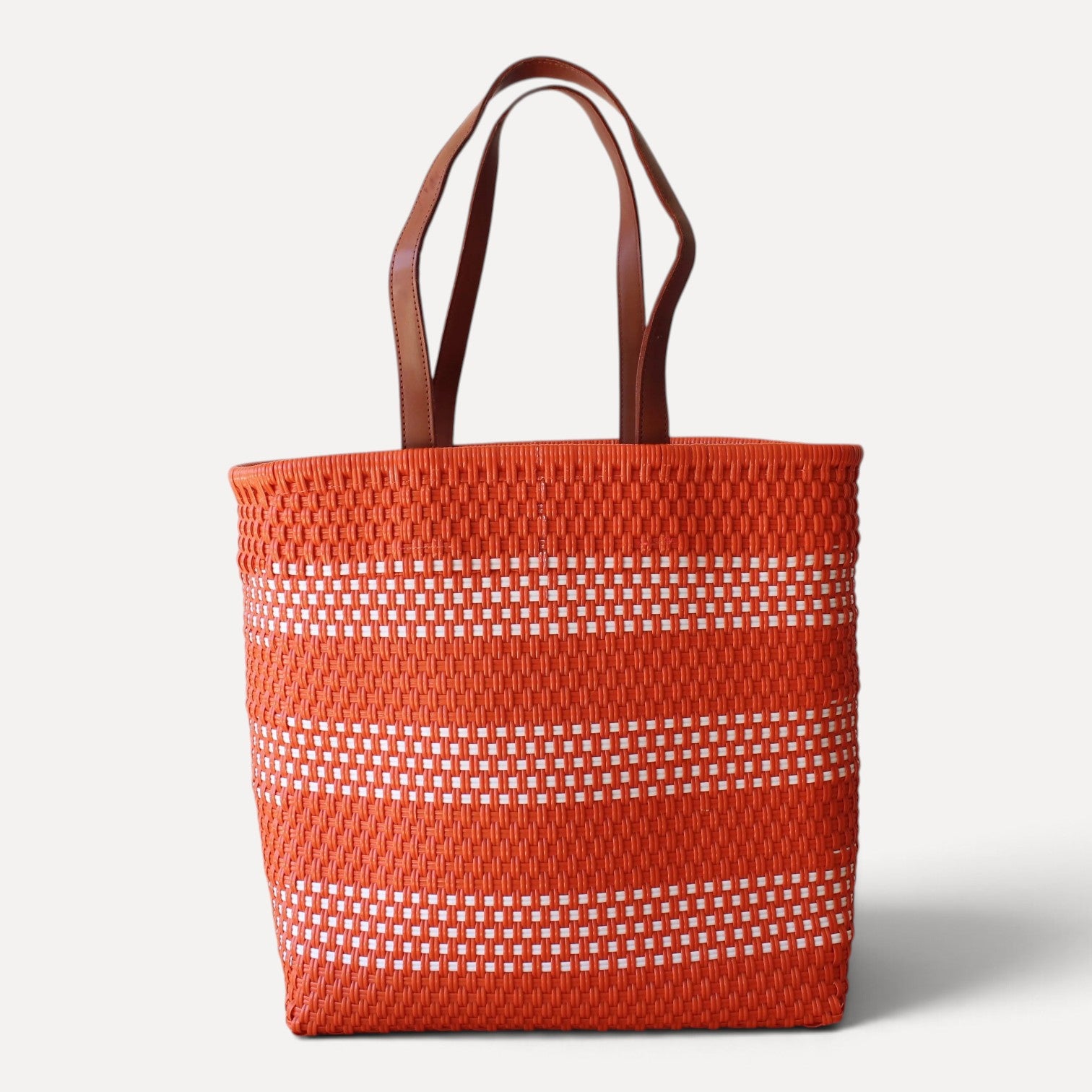 Orange and white handwoven Mexican tote bag — front view — Alma Rosa, Tangerine — MexiMexi
