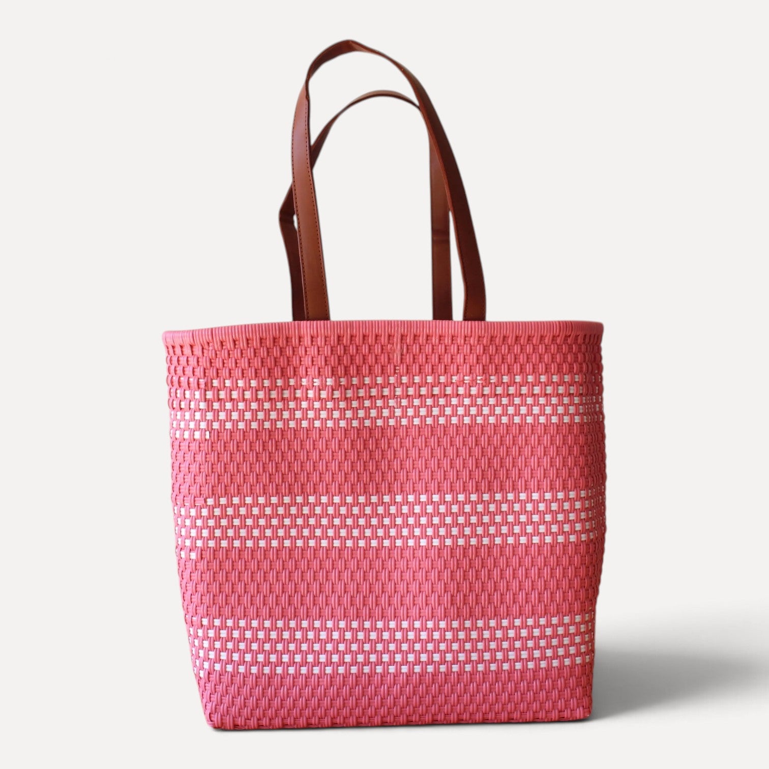 Peach Pink and white handwoven Mexican tote bag — front view — Alma Rosa, Blossom — MexiMexi