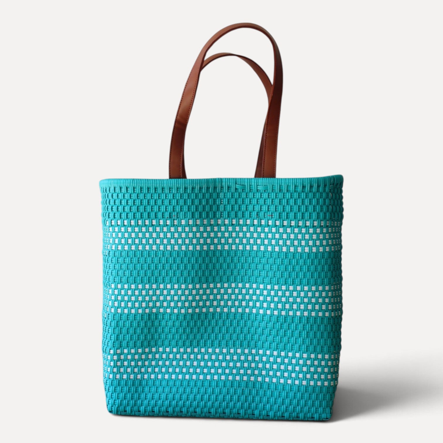 Aqua and white handwoven Mexican tote bag — front view — Alma Rosa, Aqua — MexiMexi
