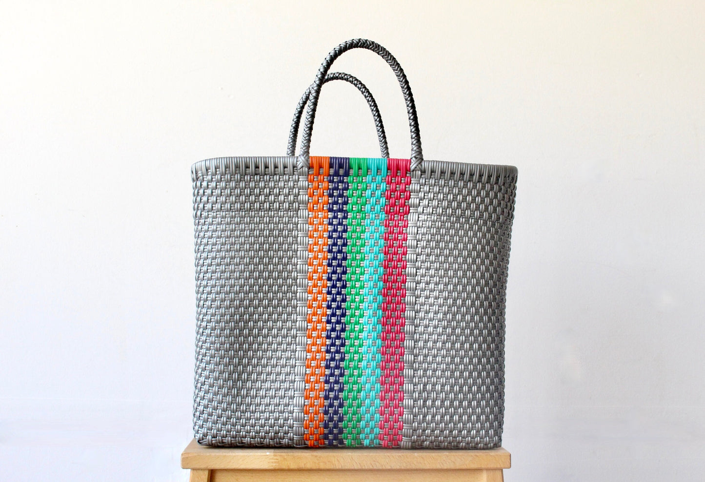 Gray and colors Handwoven Tote bag, Picnic Basket, Beach Bag, Getaway Bag, Picnic Bag, Weekend Bag, Travel Bag, Mexican Gift, Mexican Bag,