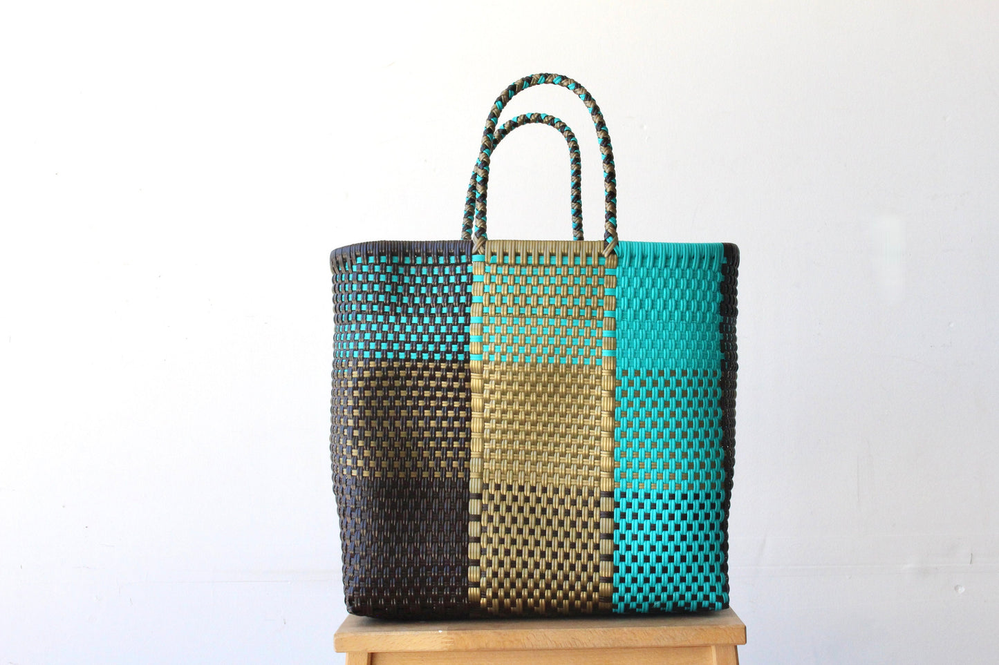 Brown, Aqua & Gold Handwoven MexiMexi Tote bag, Beach Bag, Getaway Bag, Picnic Bag, Weekend Bag, Travel Bag, Mexican Gift, Mexican Bag,