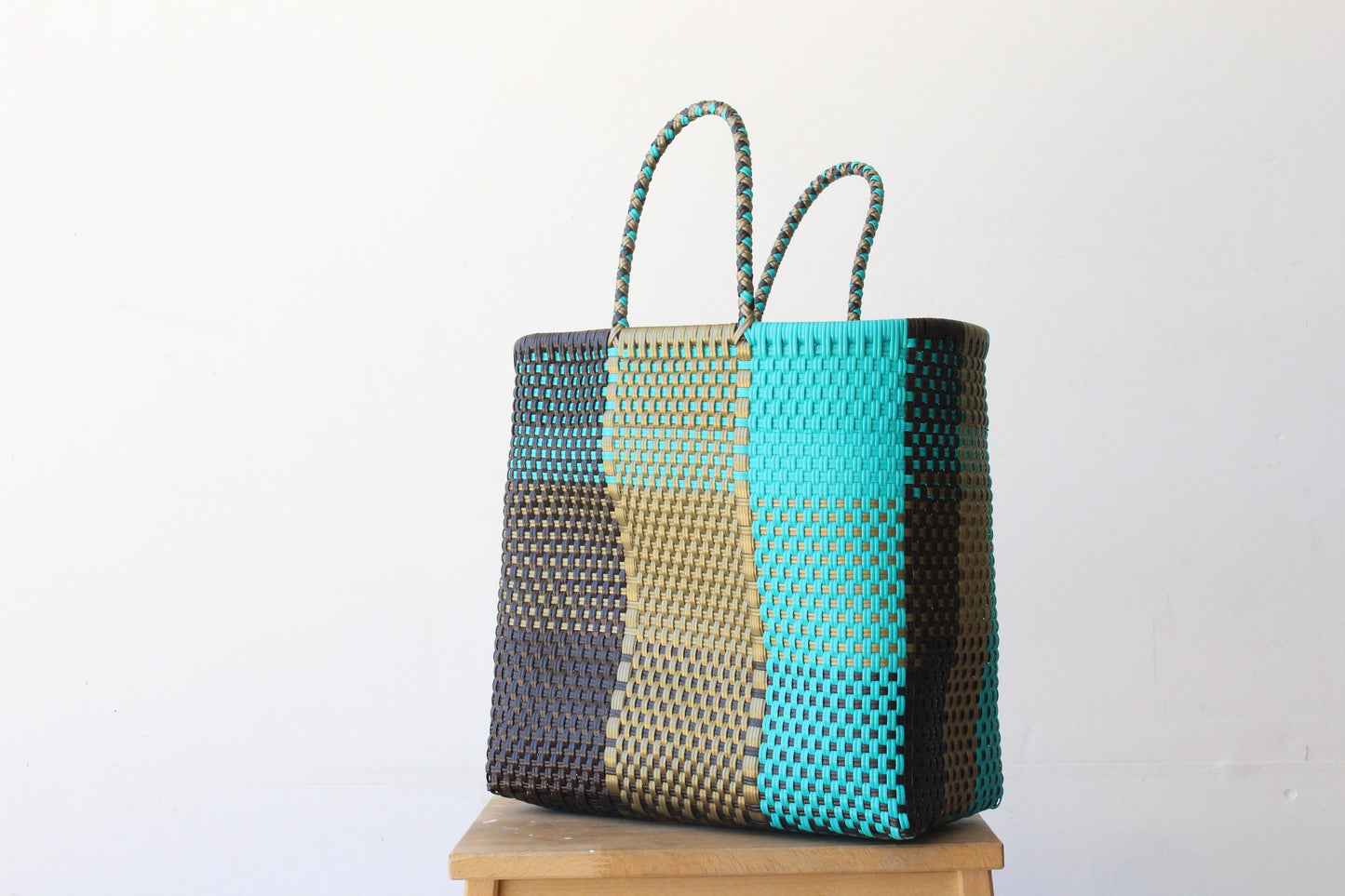 Brown, Aqua & Gold Handwoven MexiMexi Tote bag, Beach Bag, Getaway Bag, Picnic Bag, Weekend Bag, Travel Bag, Mexican Gift, Mexican Bag,