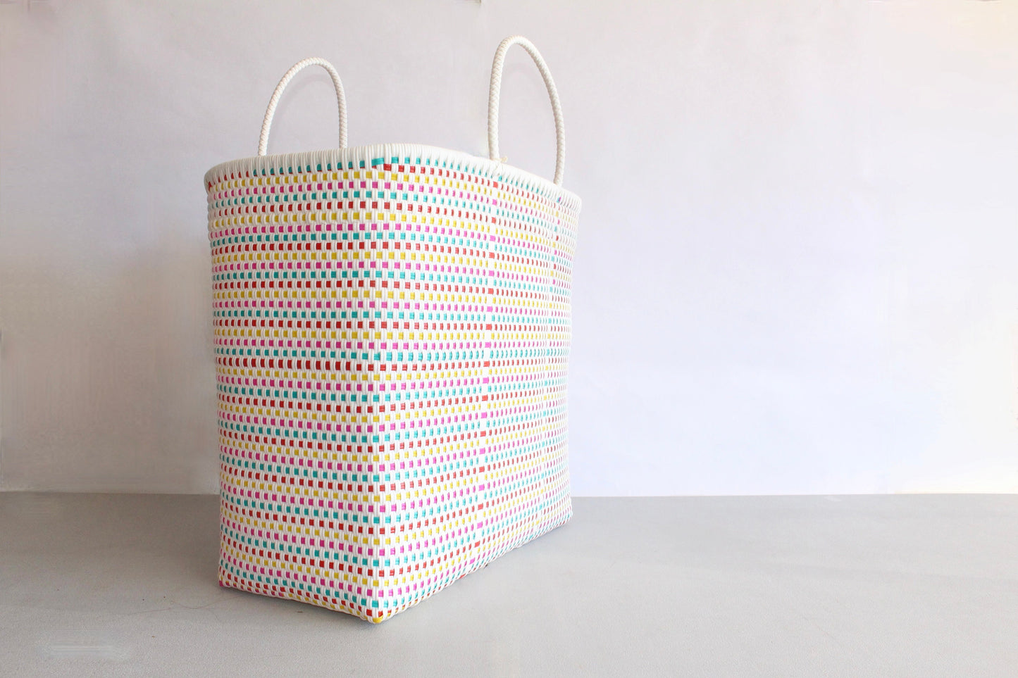 Colorful White Handwoven Mexican Tote,  Beach Bag, Getaway Bag, Picnic Bag, Weekend Bag, Travel Bag, Mexican Bag, Groceries Bag