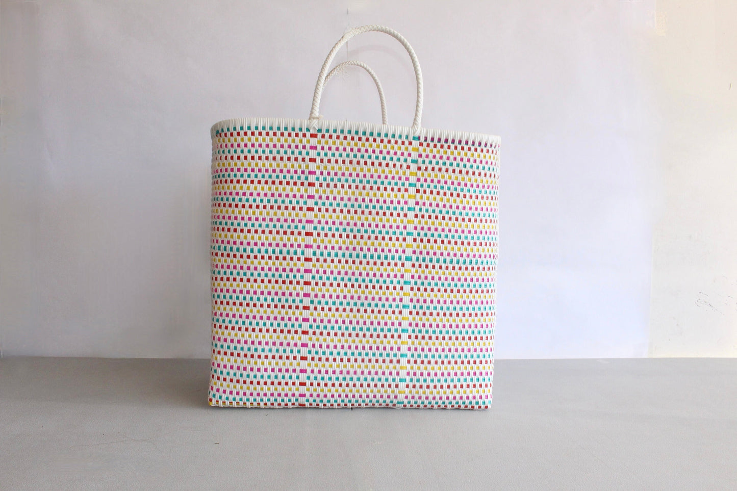 Colorful White Handwoven Mexican Tote,  Beach Bag, Getaway Bag, Picnic Bag, Weekend Bag, Travel Bag, Mexican Bag, Groceries Bag