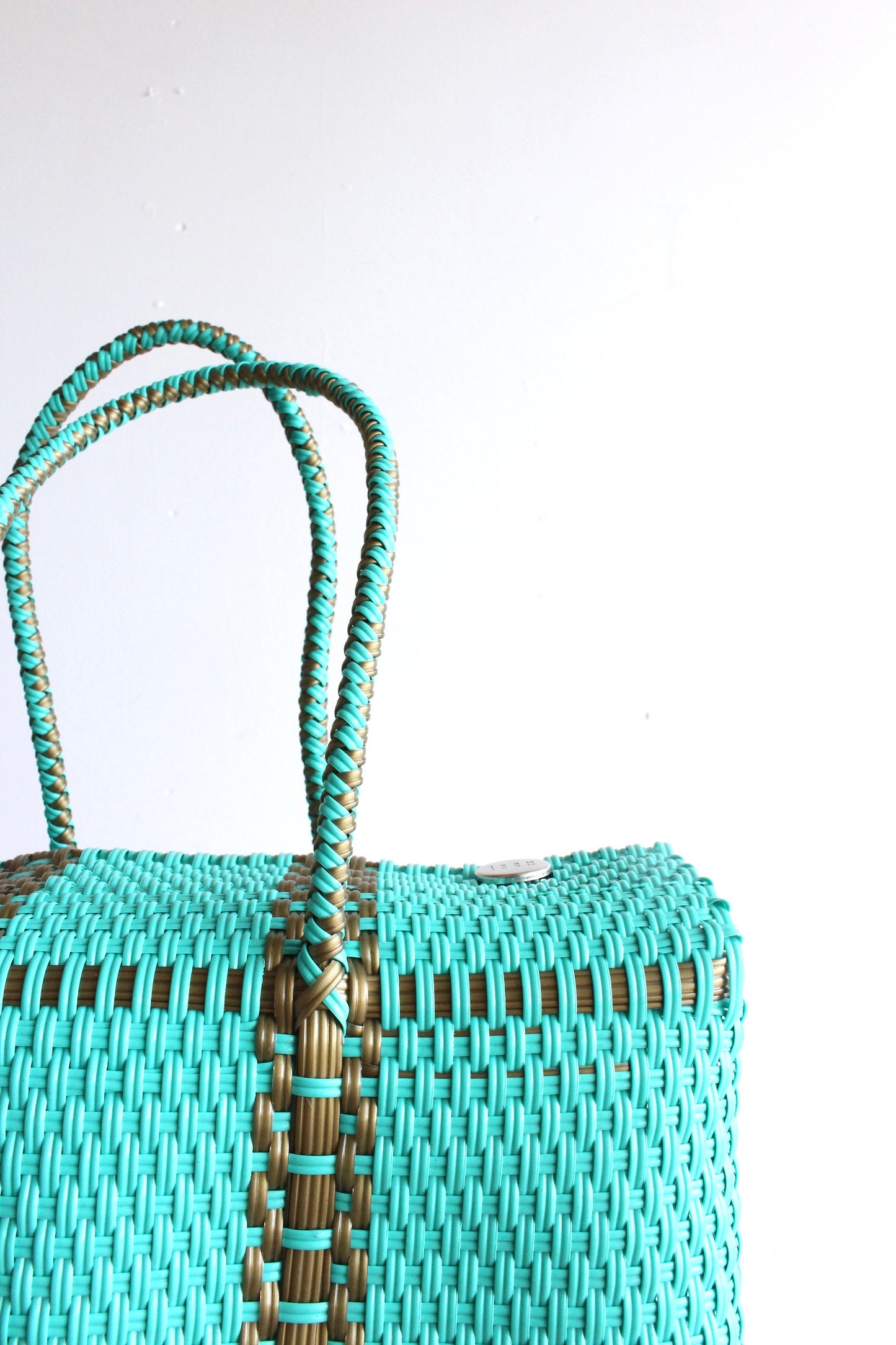 Turquoise & Gold MexiMexi Handbag, Handwoven Mexican Bag, Oaxaca Tote, Mexican Plastic Bag, Mexican Art, MexiMexi, Picnic Basket
